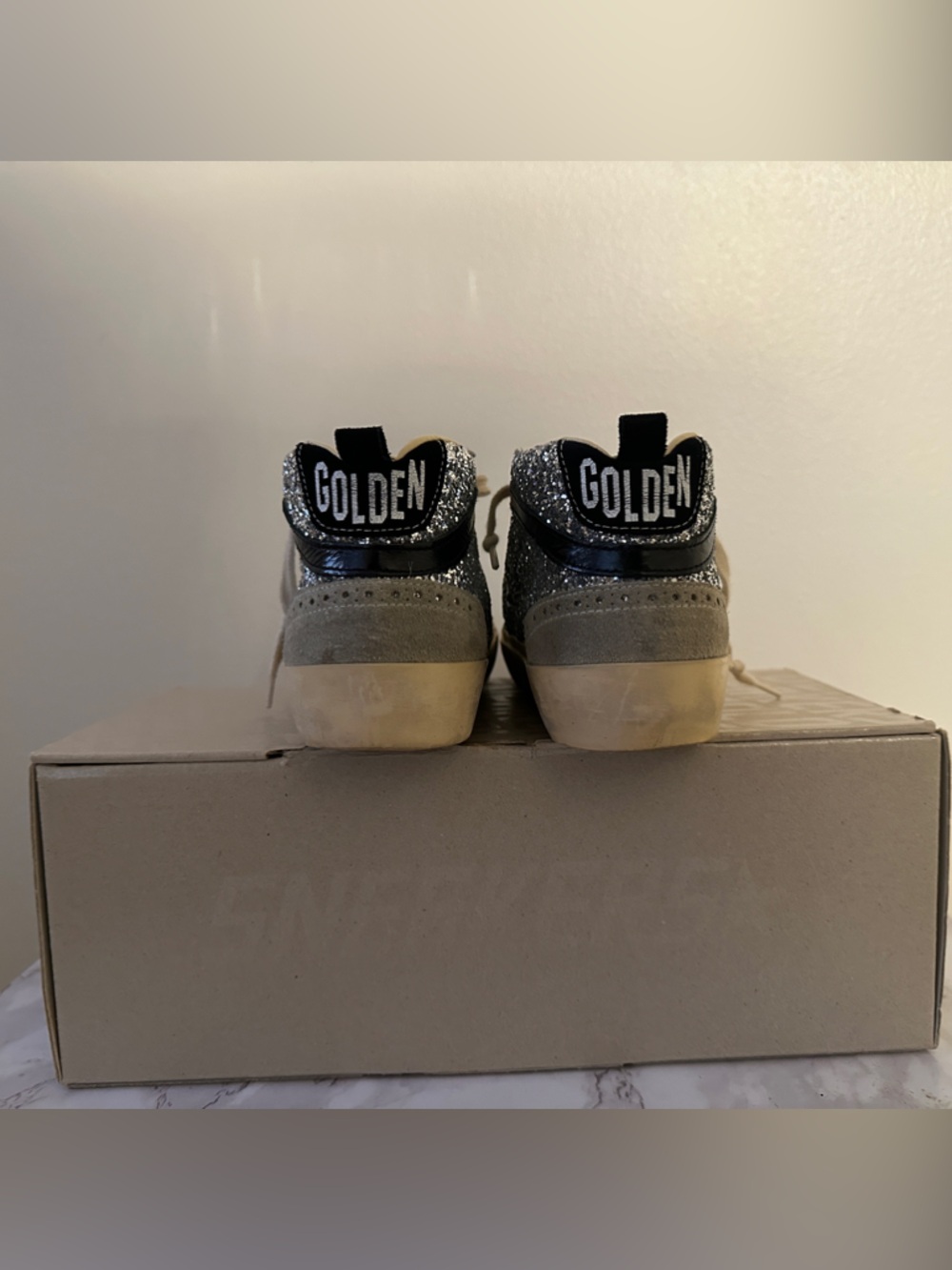 Golden Goose Silver Glitter High-Top Sneakers with Black Stripe - Picture 4 of 7